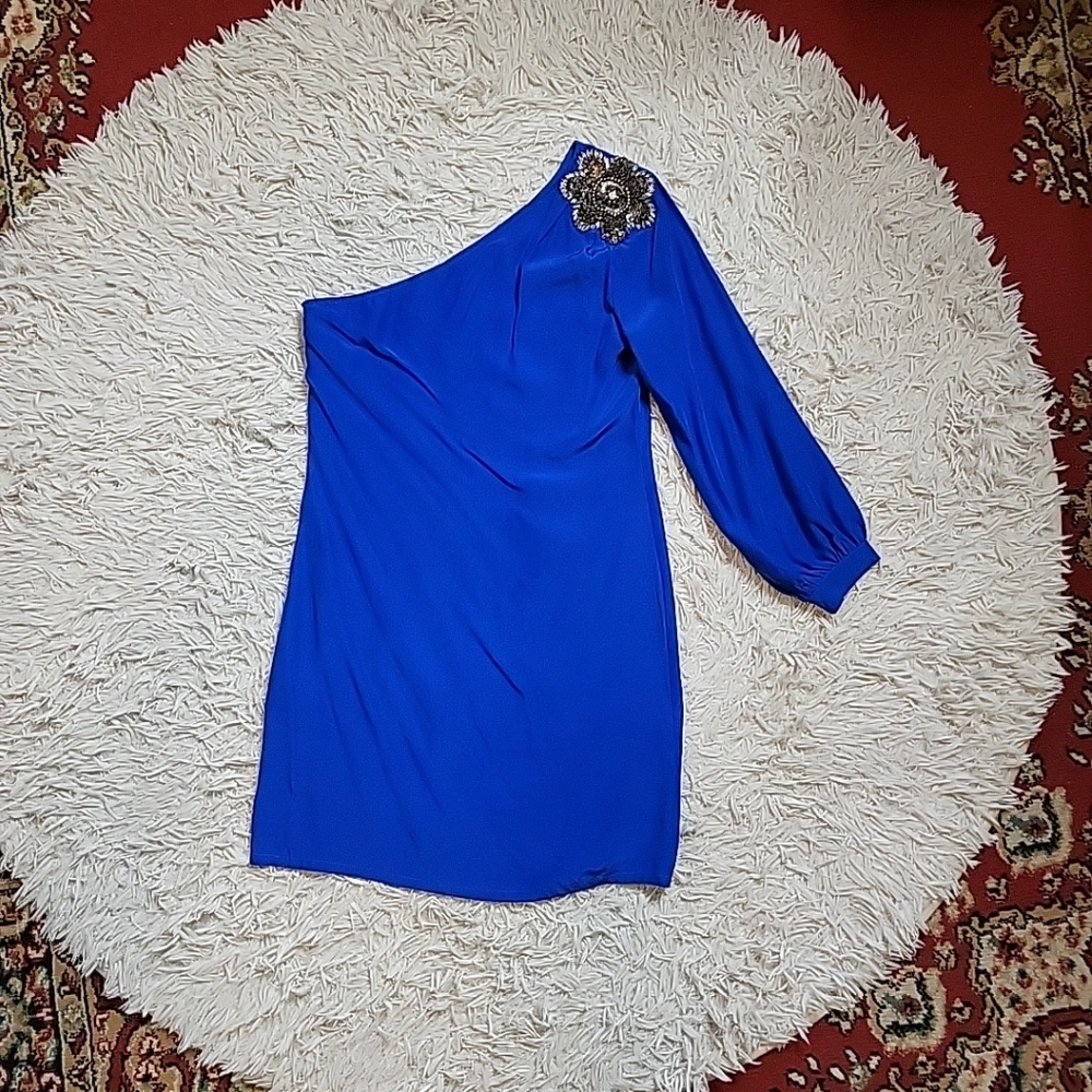 Karina Grimaldi Dress One Shoulder Sequin Bead Flower Shoulder Detail Size XS
